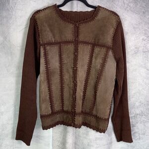 Vtg 90s y2k Southwest western Sweater Sz L Brown Suede patchwork Crochet Trim